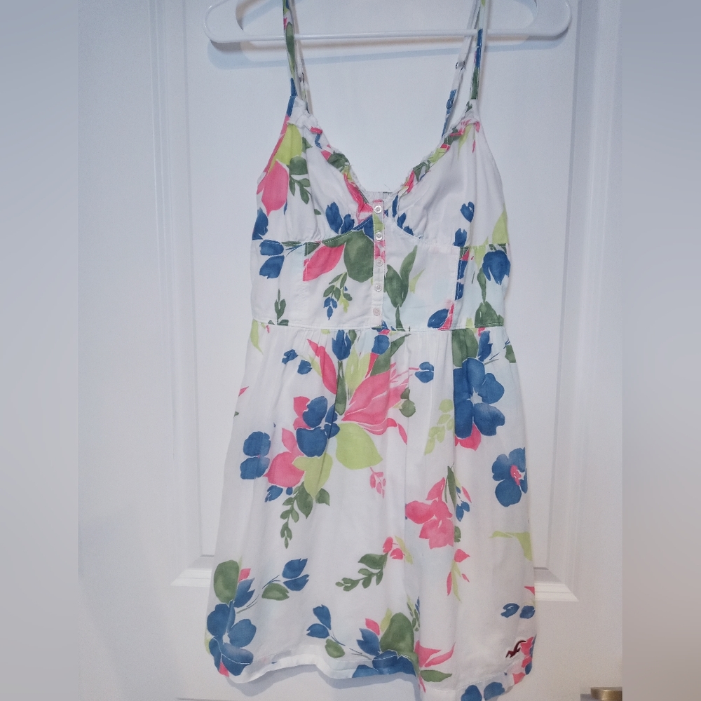 Hollister White Floral Sundress with Pink Blue and Green Flowers